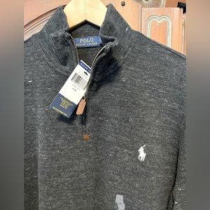 Ralph Lauren Polo quarter zip men’s L Dk Gray Heather Cotton blend sweater, new.
